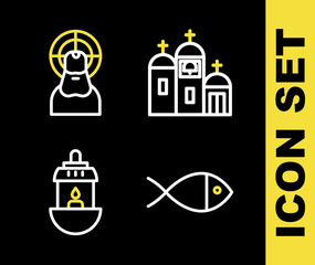 Set line Church building, Christian fish, Ramadan Kareem lantern and Jesus icon. Vector