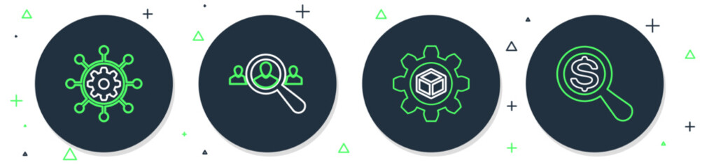 Set line Magnifying glass for search people, Product development, Project management and and dollar icon. Vector