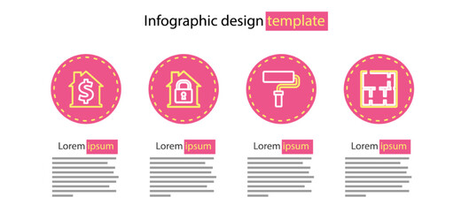 Set line Paint roller brush, House plan, under protection and with dollar symbol icon. Vector