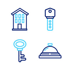 Set line Hotel service bell, House key, and icon. Vector