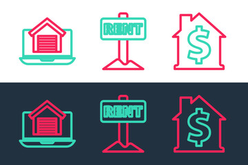 Set line House with dollar symbol, Online real estate house and Hanging sign Rent icon. Vector