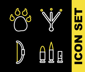 Set line Bird footprint, Bullet and cartridge, Bow and Paw icon. Vector