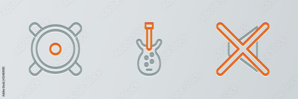 Sticker Set line Speaker mute, Stereo speaker and Electric bass guitar icon. Vector