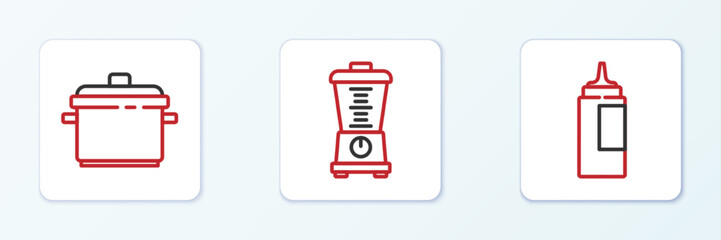 Set line Sauce bottle, Cooking pot and Blender icon. Vector