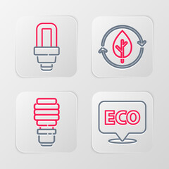 Set line Label for eco healthy food, LED light bulb, Recycle and leaf and icon. Vector