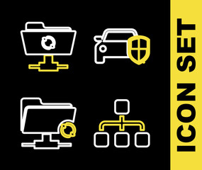 Set line Car protection or insurance, Hierarchy organogram chart, FTP sync refresh and icon. Vector