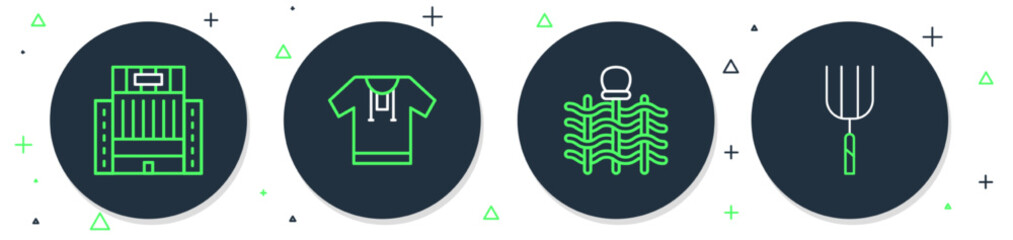 Set line Embroidered shirt, Wicker fence, Hotel Ukraina building and Garden pitchfork icon. Vector