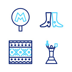 Set line Mother Motherland monument, Ukrainian ethnic pattern, footwear and Metro or Underground icon. Vector