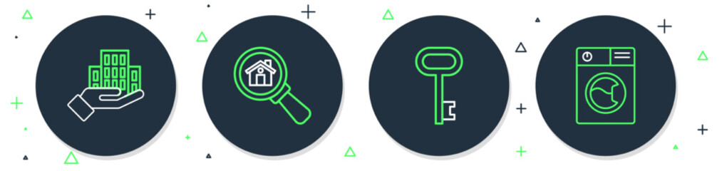 Set line Search house, House key, Skyscraper and Washer icon. Vector