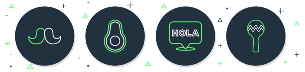 Set line Avocado fruit, Hola, Mustache and Maracas icon. Vector © vector_v