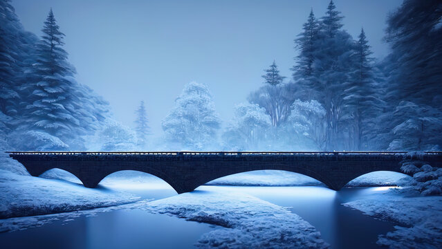 Winter Snowy Park. The Bridge Over The Frozen River, Ice, Trees. Frosty Sunset. 3D Illustration.