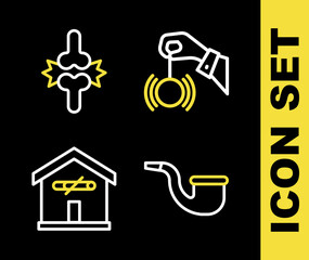 Set line Hypnosis, No pipe smoking, at home and Joint pain, knee pain icon. Vector