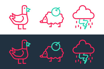 Set line Storm, Dove and Hedgehog icon. Vector