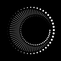 Abstract white halftone dots in circle form. Geometric art. Trendy design element for frame, technology logo, tattoo, sign, symbol, web, prints, posters, template, pattern and abstract background