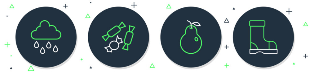 Set line Candy, Pear, Cloud with rain and Waterproof rubber boot icon. Vector