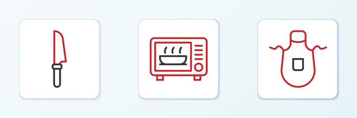 Set line Kitchen apron, Knife and Microwave oven icon. Vector