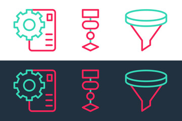 Set line Funnel or filter, Neural network and Algorithm icon. Vector