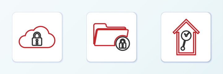 Set line Retro wall watch, Cloud computing lock and Folder and icon. Vector