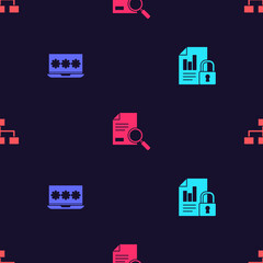 Set Document and lock, Laptop with password, search and Hierarchy organogram chart on seamless pattern. Vector