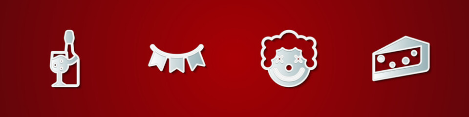 Set Champagne bottle, Carnival garland with flags, Clown head and Piece of cake icon. Vector