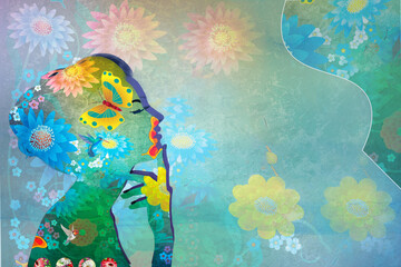 Feminine beauty, flower beauty, feminine enchantment. Abstract watercolor background with butterflies.