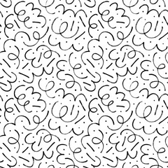 Seamless abstract geometric pattern in retro Memphis style. Hand drawn vector curly lines with dots and dashes. Chaotic ink brush scribbles. Hand drawn messy doodles, thin curved lines ornament.