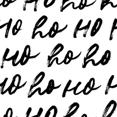 Ho ho ho hand-drawn seamless pattern. Merry Christmas typography background. Santa Claus laugh. Christmas ornament with modern brush lettering or calligraphy. New Year pattern with handwritten words. 