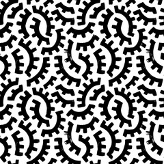 Fototapeta na wymiar Brush drawn gears seamless pattern. Abstract gears or cogs shapes. Concept of motion, mechanical and machine motives. Grunge style texture pattern with black brush strokes. Half circle shapes.