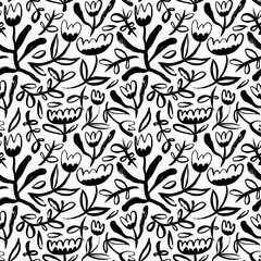 Fototapeta premium Bold flower branches and blossoms vector seamless pattern. Vector abstract floral motif. Decorative ornament in naive design style. Hand drawn tulips or wild plants. Decorative floral ornament.