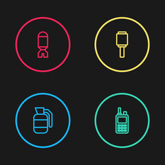 Set line Hand grenade, Walkie talkie, Anti-tank hand and Rocket launcher icon. Vector