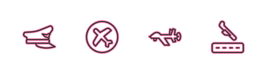 Set line Pilot hat, UAV Drone, Plane and landing icon. Vector