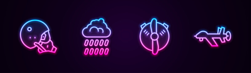 Set line Modern pilot helmet, Cloud with rain, Plane propeller and UAV Drone. Glowing neon icon. Vector © vector_v