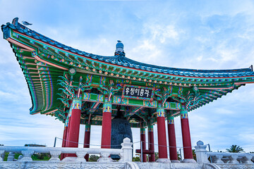 Pretty view of a traditional Korean design temple, gazebo, structure in the park