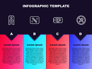 Set line Stereo speaker, Photo retouching, Online play video and Mute microphone. Business infographic template. Vector