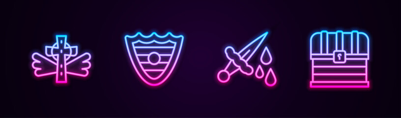 Set line Christian cross, Shield, Sword with blood and Chest. Glowing neon icon. Vector