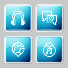 Set line Headphones, Speech bubble chat, The heart world - love and Vinyl disk icon. Vector