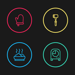 Set line Bowl of hot soup, Kitchen timer, hammer and Oven glove icon. Vector