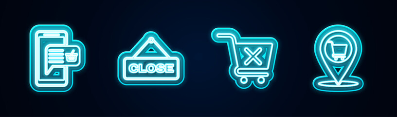 Set line Mobile and shopping basket, Hanging sign with Close, Remove cart and Location. Glowing neon icon. Vector