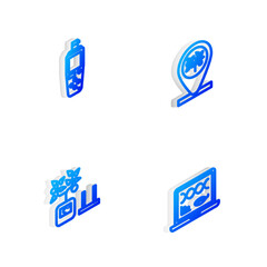 Set Isometric line Location and tree, Portable sensor, Smart farming technology and Genetic engineering modification icon. Vector