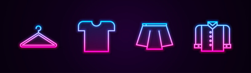 Set line Hanger wardrobe, T-shirt, Skirt and . Glowing neon icon. Vector