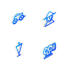 Set Isometric line Medieval iron helmet, Wooden four-wheel cart, flag and Cup from the skull icon. Vector