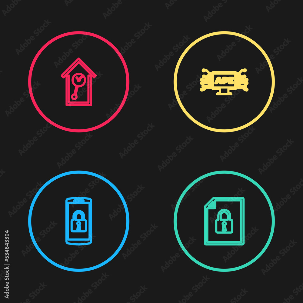 Sticker Set line Smartphone with lock, Document and, Computer api interface and Retro wall watch icon. Vector