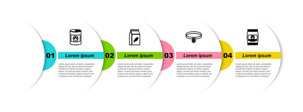 Set line Canned food, Bag of for cat, Collar with name tag and pet. Business infographic template. Vector