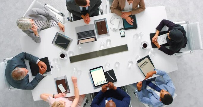 Business people meeting, question feedback and planning ideas of staff company discussion, collaboration and talking in modern office. Above of executive workforce team, management and group strategy