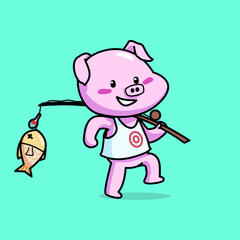 Cartoon illustration of cute pig walking happily after fishing