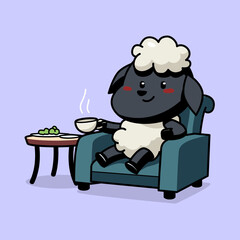 Cartoon illustration of cute sheep sitting in the chair while holding a tea cup