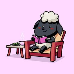 Cartoon illustration of cute sheep sitting in the chair while reading a book