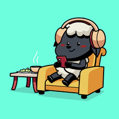 Cartoon illustration of cute sheep wear a headphone sitting in the chair while playing with a smartphone and listening music