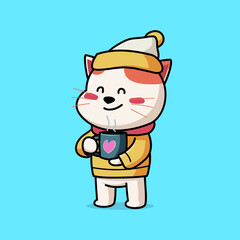 Cartoon illustration of cute cat in winter clothes holding a cup of hot drink