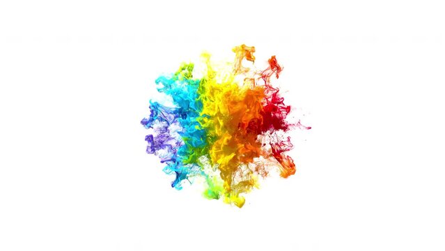 Color burst - colorful smoke powder circle particle explosion. Iridescent multicolored pulsating shockwave rainbow particles in slow motion. Fluid ink alpha matte isolated on white 4k